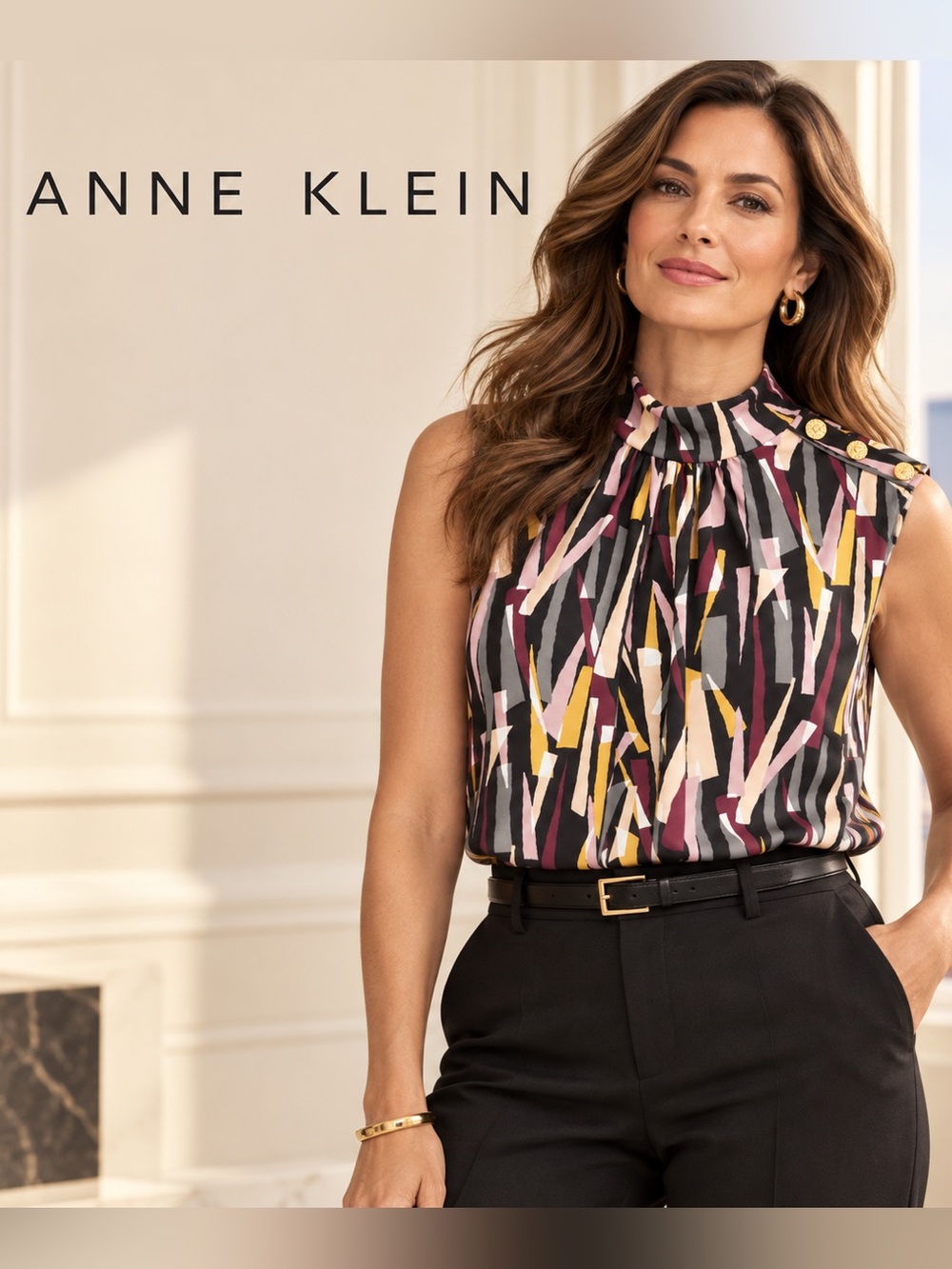 Anne Klein Abstract Print Mock Neck Gold Button Sleeveless Top Small Size S